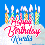 A cheerful animated GIF featuring colorful lit birthday candles on a white cake, with the text 'Happy Birthday Kurtis' in bold red and blue script on a bright blue background.