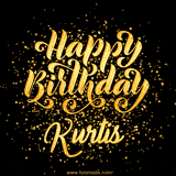 Animated GIF with colorful, festive 'Happy Birthday Kurtis' text decorated with patterns, a party hat, and falling confetti. A vibrant and cheerful design for birthday celebrations.