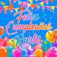 A vibrant animated GIF with 'Feliz Cumpleaños Kurtis' written in colorful script, surrounded by balloons, confetti, and bunting on a bright blue background.
