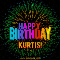 A colorful animated GIF featuring the text 'Happy Birthday Kurtis!' in rainbow colors with a dynamic iridescent firework display in the background.