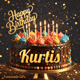Cute chocolate cake animation with Kurtis's name, decorated with glowing birthday candles and multicolored icing.