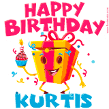A funny animated birthday GIF with the words 'Happy Birthday Kurtisa', colorful gift box with arms and legs, holding a cupcake with a lit candle  with confetti everywhere.