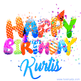 Animated GIF with colorful, festive 'Happy Birthday Kurtis' text decorated with patterns, a party hat, and falling confetti. A vibrant and cheerful design for birthday celebrations.