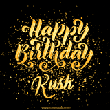 Animated GIF with colorful, festive 'Happy Birthday Kush' text decorated with patterns, a party hat, and falling confetti. A vibrant and cheerful design for birthday celebrations.