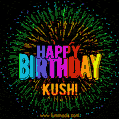 A colorful animated GIF featuring the text 'Happy Birthday Kush!' in rainbow colors with a dynamic iridescent firework display in the background.