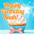 A cheerful animated GIF of a cupcake with creamy frosting, a red checkered ribbon, and a bright sparkler on top. The text 'Happy Birthday Kush!' is displayed in vibrant orange and red.