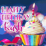 A festive animated GIF featuring a colorful cupcake with a single lit candle, sprinkles, and 'Happy Birthday Kush' text against a sparkling, celebratory background.