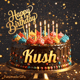 Burning birthday candles on top of a chocolate drip cake decorated with colorful icing dollops and sprinkles, personalized for Kush.