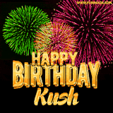 A captivating GIF with bursts of green, pink, and orange fireworks lighting up the night sky, accompanied by 'Happy Birthday Kush' in glowing golden text.