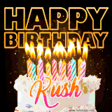 A vibrant animated GIF featuring a delicious birthday cake topped with glowing candles and the name 'Kush' in elegant script, and the words 'Happy Birthday' on the black background.