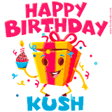 A funny animated birthday GIF with the words 'Happy Birthday Kusha', colorful gift box with arms and legs, holding a cupcake with a lit candle  with confetti everywhere.