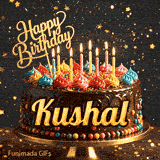 Festive chocolate cake GIF with the name Kushal written on the dark glaze under flickering candles.