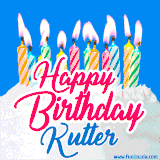 A cheerful animated GIF featuring colorful lit birthday candles on a white cake, with the text 'Happy Birthday Kutter' in bold red and blue script on a bright blue background.