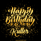 Animated GIF with colorful, festive 'Happy Birthday Kutter' text decorated with patterns, a party hat, and falling confetti. A vibrant and cheerful design for birthday celebrations.