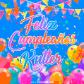 A vibrant animated GIF with 'Feliz Cumpleaños Kutter' written in colorful script, surrounded by balloons, confetti, and bunting on a bright blue background.