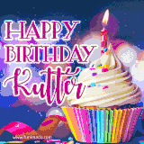 A festive animated GIF featuring a colorful cupcake with a single lit candle, sprinkles, and 'Happy Birthday Kutter' text against a sparkling, celebratory background.