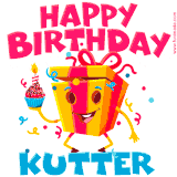 A funny animated birthday GIF with the words 'Happy Birthday Kuttera', colorful gift box with arms and legs, holding a cupcake with a lit candle  with confetti everywhere.