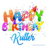 Animated GIF with colorful, festive 'Happy Birthday Kutter' text decorated with patterns, a party hat, and falling confetti. A vibrant and cheerful design for birthday celebrations.