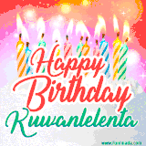 Bright birthday candles with rainbow flames on a cake, alongside the text 'Happy Birthday Kuwanlelenta' in vibrant script in this celebratory animated GIF.