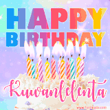 A vibrant animated name GIF with the words 'Happy Birthday Kuwanlelenta' with colorful candles on a creamy cake. The background sparkles with pastel shades, adding a festive touch.
