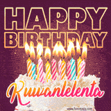 A colorful birthday cake topped with lit candles, with the words 'Happy Birthday Kuwanlelenta' in bold glowing letters on a burgundy background. Animated flames add a festive touch.