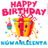 A vibrant and funny gift box character with a happy face dancing with a cupcake and the text 'Happy Birthday Kuwanlelenta,' surrounded by animated confetti and party vibes.