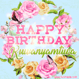A charming animated GIF featuring 'Happy Birthday Kuwanyamtiwa' in pink and green text, surrounded by delicate roses, leaves, and fluttering butterflies on a soft light blue pastel background.