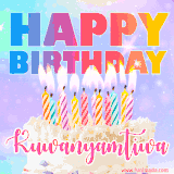 A vibrant animated name GIF with the words 'Happy Birthday Kuwanyamtiwa' with colorful candles on a creamy cake. The background sparkles with pastel shades, adding a festive touch.