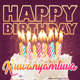A colorful birthday cake topped with lit candles, with the words 'Happy Birthday Kuwanyamtiwa' in bold glowing letters on a burgundy background. Animated flames add a festive touch.