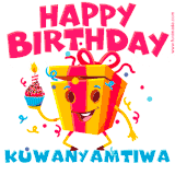 A vibrant and funny gift box character with a happy face dancing with a cupcake and the text 'Happy Birthday Kuwanyamtiwa,' surrounded by animated confetti and party vibes.