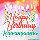 Bright birthday candles with rainbow flames on a cake, alongside the text 'Happy Birthday Kuwanyauma' in vibrant script in this celebratory animated GIF.