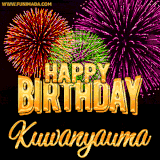 A golden 'Happy Birthday Kuwanyauma' message with vibrant fireworks in the background, creating a festive and celebratory vibe in this animated name GIF.
