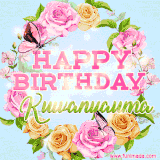 A charming animated GIF featuring 'Happy Birthday Kuwanyauma' in pink and green text, surrounded by delicate roses, leaves, and fluttering butterflies on a soft light blue pastel background.