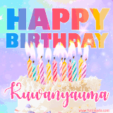A vibrant animated name GIF with the words 'Happy Birthday Kuwanyauma' with colorful candles on a creamy cake. The background sparkles with pastel shades, adding a festive touch.