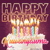 A colorful birthday cake topped with lit candles, with the words 'Happy Birthday Kuwanyauma' in bold glowing letters on a burgundy background. Animated flames add a festive touch.