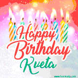 Bright birthday candles with rainbow flames on a cake, alongside the text 'Happy Birthday Kveta' in vibrant script in this celebratory animated GIF.