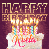 A colorful birthday cake topped with lit candles, with the words 'Happy Birthday Kveta' in bold glowing letters on a burgundy background. Animated flames add a festive touch.