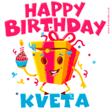 A vibrant and funny gift box character with a happy face dancing with a cupcake and the text 'Happy Birthday Kveta,' surrounded by animated confetti and party vibes.