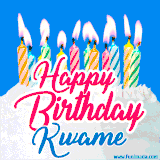 A cheerful animated GIF featuring colorful lit birthday candles on a white cake, with the text 'Happy Birthday Kwame' in bold red and blue script on a bright blue background.