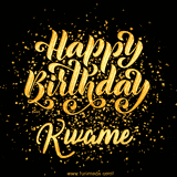 Animated GIF with colorful, festive 'Happy Birthday Kwame' text decorated with patterns, a party hat, and falling confetti. A vibrant and cheerful design for birthday celebrations.