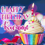 A festive animated GIF featuring a colorful cupcake with a single lit candle, sprinkles, and 'Happy Birthday Kwame' text against a sparkling, celebratory background.