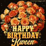 Animated bouquet of orange roses with moving butterfles and golden 'Happy Birthday Kween' text, surrounded by sparkling accents and a dark backdrop for a luxurious feel.