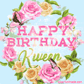 A charming animated GIF featuring 'Happy Birthday Kween' in pink and green text, surrounded by delicate roses, leaves, and fluttering butterflies on a soft light blue pastel background.