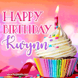 A vibrant birthday GIF featuring a rainbow-colored cupcake topped with white frosting, sprinkles, and a lit candle. The text reads 'Happy Birthday Kwynn' in bold pink and violet letters with white outline.