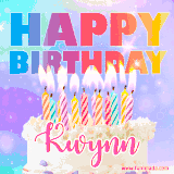 A vibrant animated name GIF with the words 'Happy Birthday Kwynn' with colorful candles on a creamy cake. The background sparkles with pastel shades, adding a festive touch.