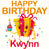 A vibrant and funny gift box character with a happy face dancing with a cupcake and the text 'Happy Birthday Kwynn,' surrounded by animated confetti and party vibes.