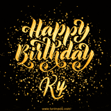 Animated GIF with colorful, festive 'Happy Birthday Ky' text decorated with patterns, a party hat, and falling confetti. A vibrant and cheerful design for birthday celebrations.