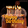 A rich chocolate cake topped with glowing birthday candles and surrounded by bright fireworks. The animated GIF displays the message 'Happy Birthday Ky' in golden text.