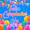 A vibrant animated GIF with 'Feliz Cumpleaños Ky' written in colorful script, surrounded by balloons, confetti, and bunting on a bright blue background.