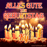 An animated GIF featuring 'Alles Gute Zum Geburtstag Ky' in glowing red and gold letters above a cake with colorful lit candles, set against a festive sparkling background.